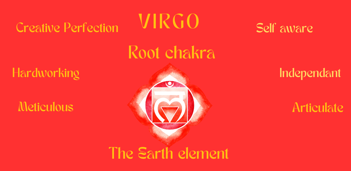 Virgo · Root Chakra · Earth element. Qualities: Creative perfection, hardworking, meticulous, self aware, independent, articulate.